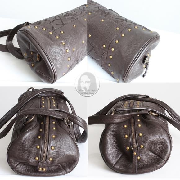 Sondra Roberts Bag Satchel Brown Leather Floral Embossed Studs - Picture 7 of 10